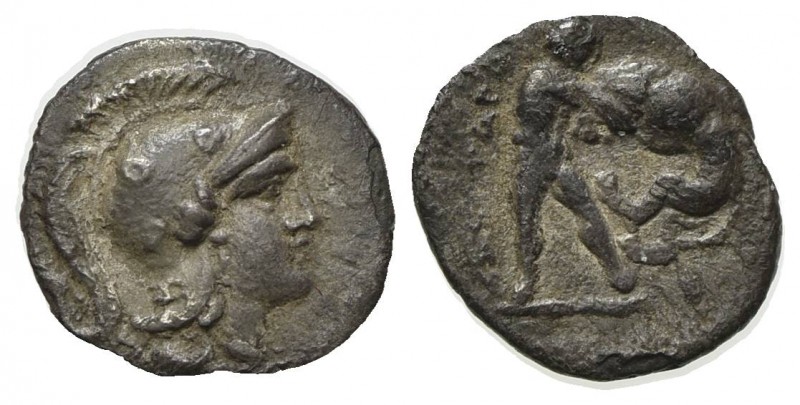 Southern Apulia, Tarentum, c. 325-280 BC. AR Diobol (10mm, 0.74g, 3h). Helmeted ...