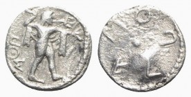 Northern Lucania, Poseidonia, c. 530-500 BC. AR Obol (8mm, 0.63g). Herakles standing r., brandishing trident. R/ Ethnic (anticlockwise) around central...