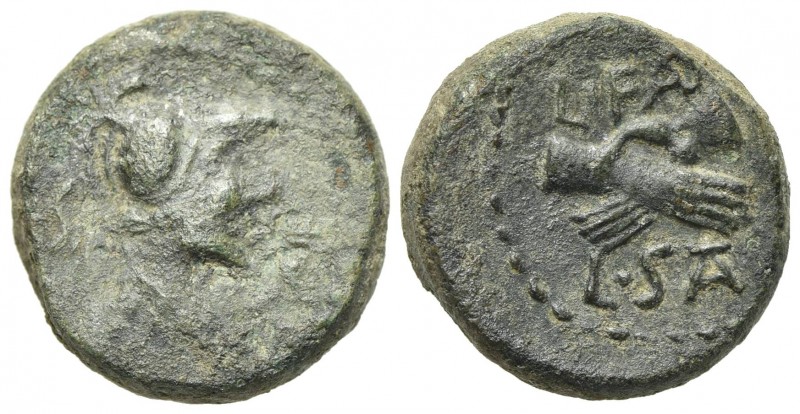 Northern Lucania, Paestum, c. 90-44 BC. Æ Semis (16mm, 4.83g, 9h). Helmeted and ...