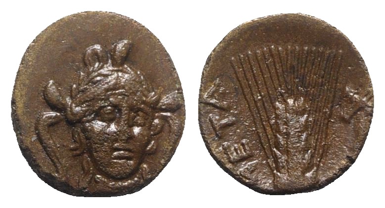 Southern Lucania, Metapontion, c. 300-250 BC. Æ (15mm, 3.80g, 12h). Head of Athe...