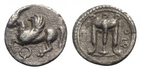 Bruttium, Kroton, c. 430-420 BC. AR Triobol (11.5mm, 1.24g, 9h). Tripod with legs terminating in lion's feet. R/ Pegasos flying l. HNItaly 2127; SNG A...