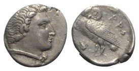Bruttium, Kroton, c. early 3rd century BC. AR Octobol(?) (15mm, 3.06g, 6h). Male head r. (youthful Herakles or river-god Aisaros?), wearing tainia. R/...