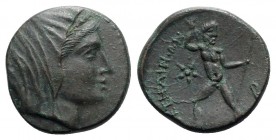 Bruttium, Petelia, late 3rd century BC. Æ (21mm, 7.28g, 9h). Veiled head of Demeter r., wearing wreath of grain ears. R/ Zeus standing facing, head r....