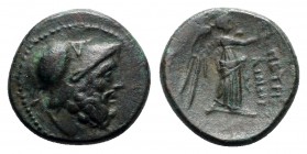 Bruttium, Petelia, late 3rd century BC. Æ (17mm, 3.99g, 11h). Helmeted head of Ares r. R/ Nike standing r., holding wreath. HNItaly 2456; SNG ANS 606....