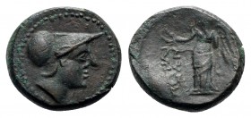 Bruttium, Petelia, late 3rd century BC. Æ (16mm, 4.57g, 6h). Helmeted head of Athena r. R/ Nike standing l., holding wreath. HNItaly 2457. Rare, VF - ...