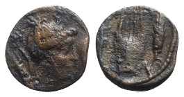 Bruttium, Rhegion(?), c. 215-150 BC. Æ (14mm, 2.17g, 6h). Head of Artemis r.; bow and quiver behind. R/ Lyre; corn-ear to r. Cf. HNItaly 2549. Good Fi...