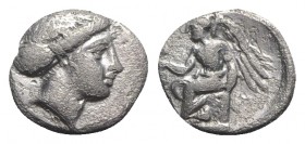 Bruttium, Terina, c. 400-356 BC. AR Triobol (10.5mm, 1.10g, 12h). Head of nymph r. R/ Nike seated l. on wreathed cippus, holding bird(?). HNItaly 2632...