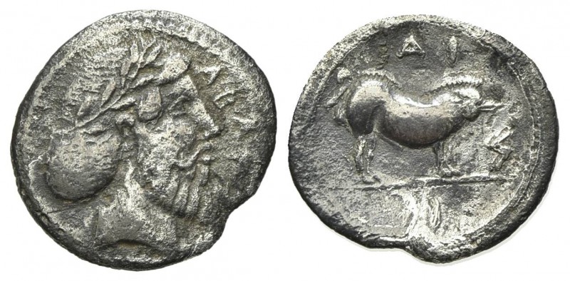Sicily, Abakainon, c. 450-400 BC. AR Litra (11mm, 0.65g, 1h). Bearded male head ...