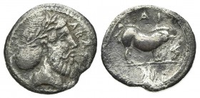 Sicily, Abakainon, c. 450-400 BC. AR Litra (11mm, 0.65g, 1h). Bearded male head r. R/ Sow standing r. HGC 2, 3-4. Near VF