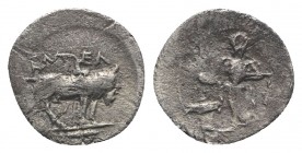 Sicily, Entella. Elymian issues, c. 440-430 BC. AR Litra (11mm, 0.56g, 11h). Female figure standing l., sacrificing from phiale over altar and holding...