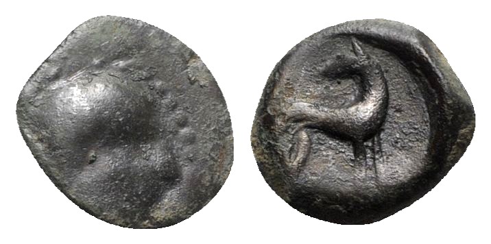 Sicily, Eryx, c. 410 BC. Æ Onkia (12mm, 1.30g, 11h). Bearded head r. R/ Hound st...