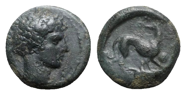 Sicily, Eryx, c. 400-390 BC. Æ Hexas (13mm, 2.97g, 6h). Male head r. R/ Hound ru...