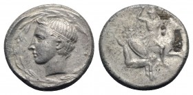Sicily, Gela, c. 425-420 BC. AR Didrachm (20.5mm, 8.22g, 12h). Warrior on horseback r., spearing fallen hoplite below. R/ Horned head of Gelas l., wea...