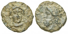 Sicily, Gela, c. 315-310 BC. Æ (14mm, 2.09g, 3h). Head of Demeter facing slightly r., wearing wreath of grain ears. R/ Horned and bearded head of Gela...