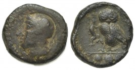 Sicily, Kamarina, c. 410-405 BC. Æ Tetras (14mm, 3.53g, 2h). Head of Athena l., wearing crested Corinthian helmet. R/ Owl standing l., grasping lizard...