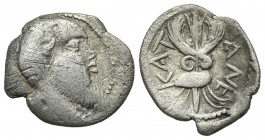 Sicily, Katane, c. 461-450 BC. AR Litra (12mm, 0.71g, 9h). Head of Silenos r. R/ Winged thunderbolt; two shields flanking. Boehringer, Kataneische, Se...