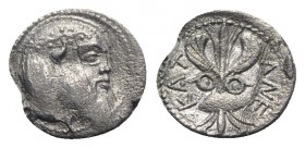 Sicily, Katane, c. 461-450 BC. AR Litra (11mm, 0.67g, 6h). Head of Silenos r. R/ Winged thunderbolt; two shields flanking. Boehringer, Kataneische, Se...