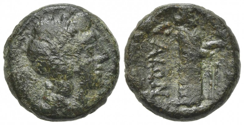 Sicily, Katane, c. 3rd-2nd century BC. Æ Hexas (15mm, 3.46g, 6h). Head of Apollo...