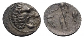Sicily, Leontinoi, c. 450-440 BC. AR Litra (13mm, 0.73g, 11h). Head of roaring lion r. R/ River god, nude, standing l., pouring libation on altar from...