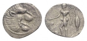 Sicily, Leontinoi, c. 450-440 BC. AR Litra (11mm, 0.54g, 12h). Head of roaring lion r. R/ River god, nude, standing l., pouring libation on altar from...
