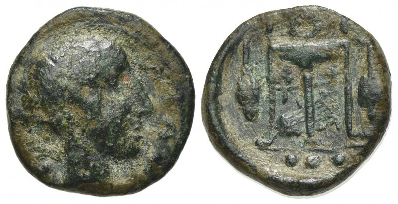 Sicily, Leontinoi, c. 405-402 BC. Æ Tetras – Trionkion (13mm, 1.83g, 10h). Head ...