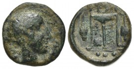 Sicily, Leontinoi, c. 405-402 BC. Æ Tetras – Trionkion (13mm, 1.83g, 10h). Head of Apollo r., wearing laurel wreath; olive leaf and berry to l. R/ Tri...