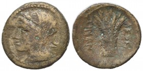 Sicily, Leontinoi, c. 2nd century BC. Æ (17mm, 2.77g, 1h). Wreathed and veiled head of Demeter l.; plow behind. R/ Bundle of four grain ears. CNS III,...
