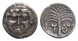 Sicily, Motya, c. 415/10-397 BC. AR Litra (13mm, 0.76g, 7h). Gorgoneion. R/ Palm tree. Jenkins, Punic pl. 23, 4; Campana 15; SNG ANS 503; HGC 2, 936. ...
