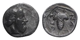 Sicily, Naxos, c. 461-430 BC. AR Litra (11mm, 0.46g, 9h). Wreathed head of Dionysos r. R/ Grape bunch on vine. Campana 9; HGC 2, 969. Rare, near VF