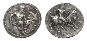 Sicily, Panormos as Ziz, c.412/410-400 BC. AR Litra (11mm, 0.77g, 12h). Poseidon seated r. on rocks, holding trident and dolphin. R/ Pan riding goat r...