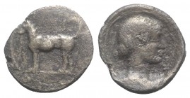 Sicily, Segesta, c. 455/0-445/0 BC. AR Didrachm (23mm, 8.18g, 6h). Hound standing l. R/ Head of the nymph Segesta r. within linear circle. Hurter 89; ...