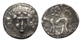 Sicily, Segesta, c. 455/0-445/0 BC. AR Litra (11mm, 0.82g, 3h). Facing head of the nymph Segesta. R/ Hound standing l.; wheel above. Hurter K5; HGC 2,...