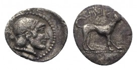 Sicily, Segesta, c. 455/0-445/0 BC. AR Litra (11mm, 0.66g, 3h). Head of the nymph Segesta r. R/ Hound standing r. Hurter K19; HGC 2, 1168. VF
