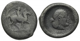 Sicily, Syracuse. Hieron I (478-466 BC). AR Drachm (17mm, 3.96g, 10h), c. 475-470 BC. Horseman riding r. R/ Diademed head of Arethousa r. Boehringer 2...