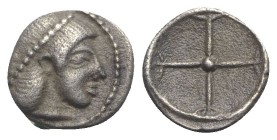 Sicily, Syracuse. Hieron I (478-466 BC). AR Obol (8mm, 0.43g), c. 475-470. Diademed head of Arethusa r. R/ Wheel of four spokes. SNG ANS 116; HGC 2, 1...