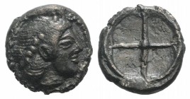 Sicily, Syracuse. Hieron I (478-466 BC). AR Obol (8mm, 0.68g), c. 475-470. Diademed head of Arethusa r. R/ Wheel of four spokes. SNG ANS 116; HGC 2, 1...