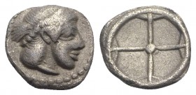 Sicily, Syracuse. Hieron I (478-466 BC). AR Obol (9mm, 0.64g), c. 475-470. Diademed head of Arethusa r. R/ Wheel of four spokes. SNG ANS 116; HGC 2, 1...