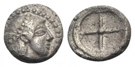 Sicily, Syracuse. Hieron I (478-466 BC). AR Obol (7mm, 0.62g), c. 475-470. Diademed head of Arethusa r. R/ Wheel of four spokes. SNG ANS 116; HGC 2, 1...
