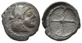 Sicily, Syracuse. Hieron I (478-466 BC). AR Obol (9mm, 0.58g), c. 475-470. Diademed head of Arethusa r. R/ Wheel of four spokes. SNG ANS 116; HGC 2, 1...