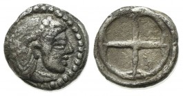 Sicily, Syracuse. Hieron I (478-466 BC). AR Obol (7mm, 0.69g), c. 475-470. Diademed head of Arethusa r. R/ Wheel of four spokes. SNG ANS 116; HGC 2, 1...