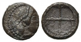 Sicily, Syracuse. Hieron I (478-466 BC). AR Obol (7.5mm, 0.66g), c. 475-470. Diademed head of Arethusa r. R/ Wheel of four spokes. SNG ANS 116-8; HGC ...