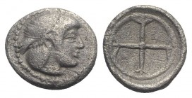 Sicily, Syracuse. Hieron I (478-466 BC). AR Obol (8mm, 0.64g), c. 475-470. Diademed head of Arethusa r. R/ Wheel of four spokes. SNG ANS 116; HGC 2, 1...