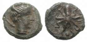 Sicily, Syracuse, c. 435-415 BC. Æ Onkia (10mm, 1.31g, 6h). Head of Arethusa r.; dolphin behind. R/ Octopus. CNS II, 10; HGC 2, 1434. VF