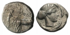 Sicily, Syracuse, c. 420-415 BC. AR Tetradrachm (26mm, 16.20g, 12h). Charioteer driving walking quadriga r., holding kentron and reins; [Nike flying a...