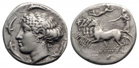 Sicily, Syracuse, c. 415-405 BC. AR Tetradrachm (25mm, 16.94g, 11h). Charioteer, holding kentron and reins, driving fast quadriga l.; above, Nike flyi...