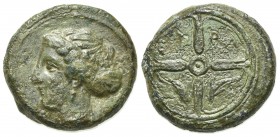 Sicily, Syracuse, c. 415-405 BC. Æ Hemilitron (14.5mm, 3.70g, 7h). Head of Arethusa l., hair in sphendone. R/ Wheel of four spokes; dolphins in lower ...