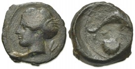 Sicily, Syracuse, c. 415-405 BC. Æ Hemilitron (18mm, 3.57g, 9h). Head of Arethusa l., hair bound in ampyx and sphendone; two leaves to r. R/ Dolphin s...