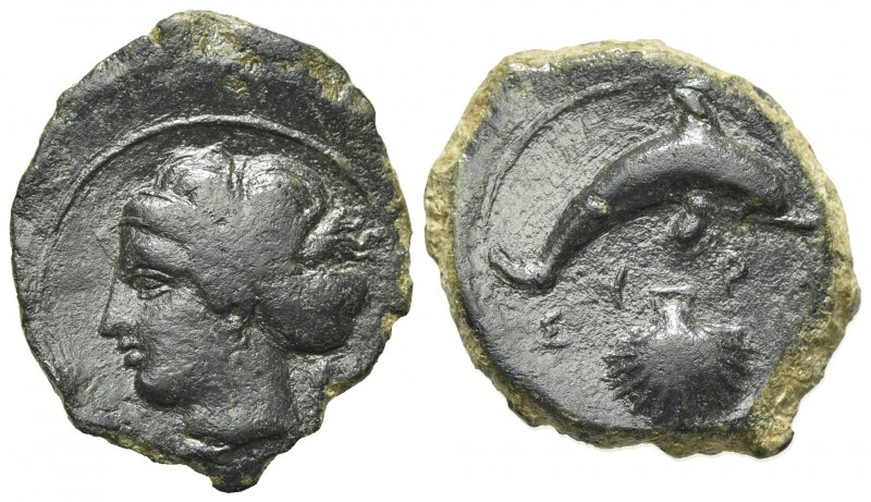 Sicily, Syracuse, c. 415-405 BC. Æ Hemilitron (19mm, 3.41g, 1h). Head of Arethus...