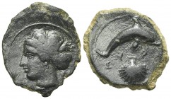 Sicily, Syracuse, c. 415-405 BC. Æ Hemilitron (19mm, 3.41g, 1h). Head of Arethusa l., hair bound in ampyx and sphendone; two leaves to r. R/ Dolphin s...