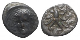 Sicily, Syracuse, c. 415-405 BC. Æ Tetras (15mm, 2.14g, 6h). Head of nymph facing slightly l., wearing necklace. R/ Octopus. CNS II, 29; SNG ANS 385-8...